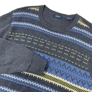 Izod Mens Medium Fair Isle Sweater Nordic Knit Pullover Crewneck Gray Blue